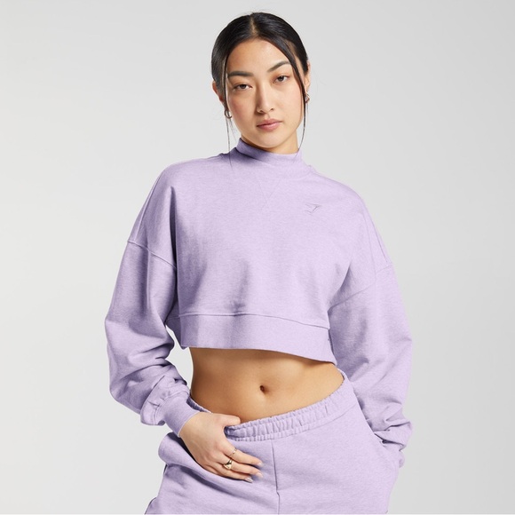 Gymshark Rest Day Sweats Cropped Pullover - Aura Lilac Marl - Small - Picture 1 of 8